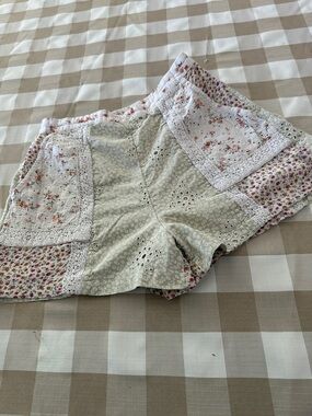 American Eagle Outfitters Patchwork Floral Eyelet Shorts - Cream, Pink, Green